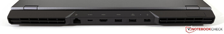 Rückseite: Gigabit-Ethernet, USB-C 3.2 Gen.2 (Power Delivery, DisplayPort 1.4), HDMI 2.1, USB-A 3.2 Gen.1, USB-A 3.2 Gen.1 (Powered), Netzteil (Slim Tip)