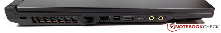 Links: Kensington-Lock, RJ45, HDMI 2.0, Mini-DisplayPort 1.2, USB-A 3.1 Gen.2, USB-C 3.1 Gen.2, 3,5-mm-Kopfhörer, 3,5-mm-Mikrofon