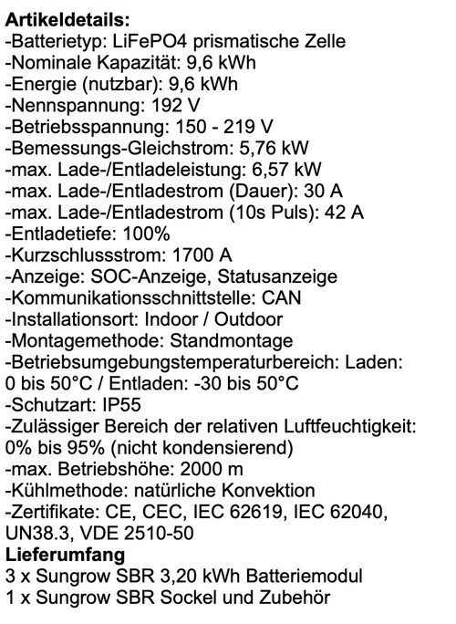Technische Daten Sungrow SBR096 (Quelle: Kesenci GmbH)