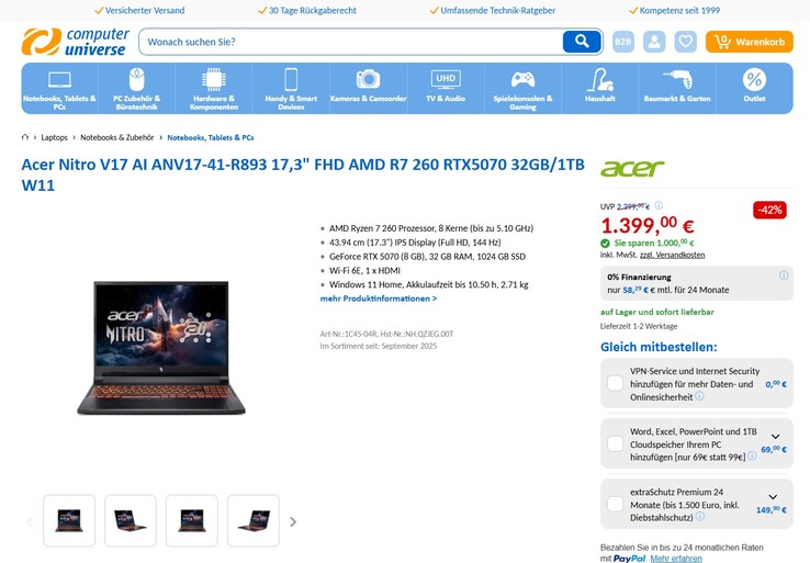 Acer Nitro V 17 AI ANV17-41-R893 für 1.399 Euro.