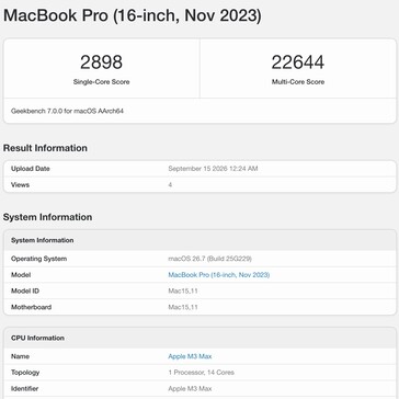 Geekbench-7-Ergebnis für den Apple M3 Max.