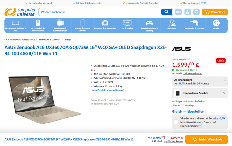 Asus ZenBook A16 UX3607OA-SQ073W für 1.999 Euro.