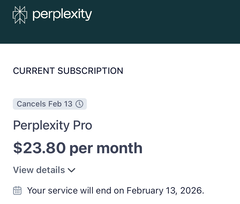 Perplexity in unserer Account-Verwaltung: Wir müssten ab dem 13. Februar 23,80 US-Dollar zahlen.