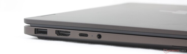 Links: USB-A (10 Gbit/s), HDMI 2.1, USB-C 3.2 Gen. 2 (40 Gbit/s) mit DisplayPort 2.1 + Power Delivery 3.1, 3,5-mm-Kopfhöreranschluss