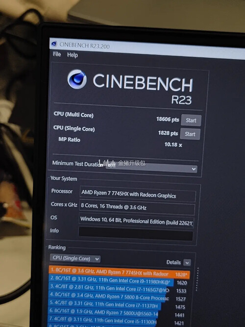 Der AMD Ryzen 7 7745HX im Cinebench-Test (Bild: Bilibili/@Golden Pig Upgrade)