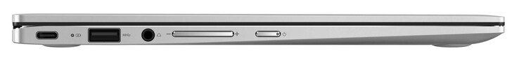 Linke Seite: USB 3.2 Gen 1 (Typ C; Displayport, Power Delivery), USB 3.2 Gen 1 (Typ A), Audiokombo, Lautstärkewippe, Einschaltknopf