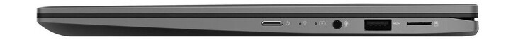 Rechte Seite: Power-Knopf, kombinierter 3,5-mm-Klinkenanschluss, 1x USB 2.0 Typ-A, microSD-Kartenleser