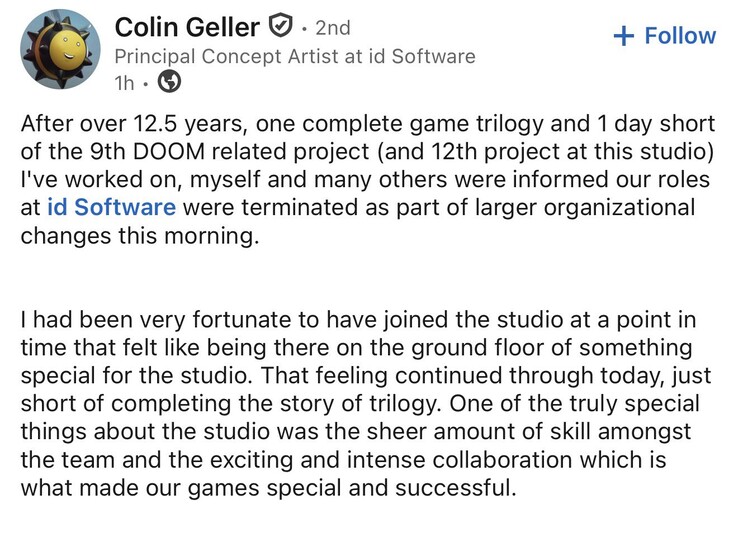 Colin Geller, der für die Gestaltung der künstlerischen Ausrichtung des modernen „Doom“ verantwortlich war, wurde ebenfalls entlassen.