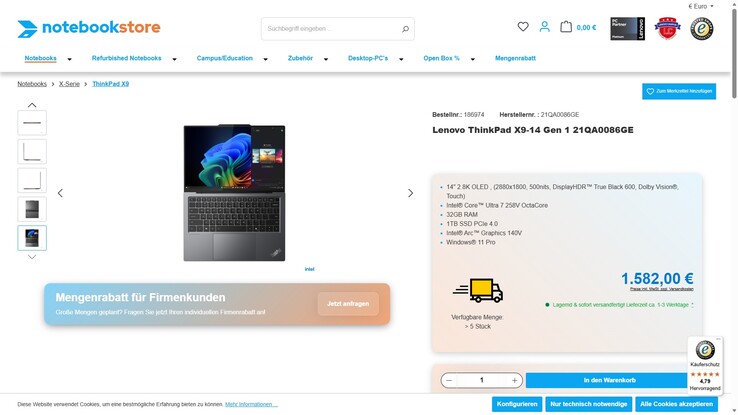 Lenovo ThinkPad X9-14 Gen 1 21QA0086GE für 1.582 Euro.