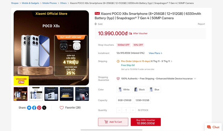 Der Produktseite zum Poco X8s in einem vietnamesischen Online-Shop