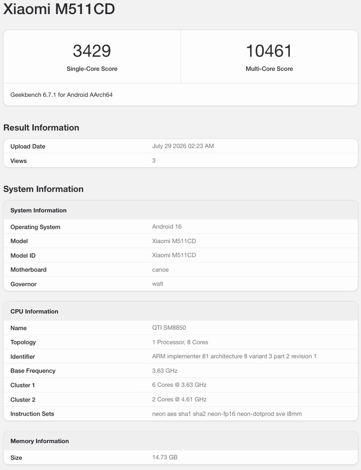 Geekbench Eintrag zum möglichen Xiaomi Redmi K100 Pro.