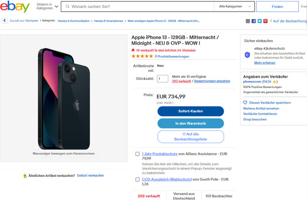 Schnäppchen: Das Apple iPhone 13 gibt es für sehr günstige 735 Euro auf eBay als Top-Deal.