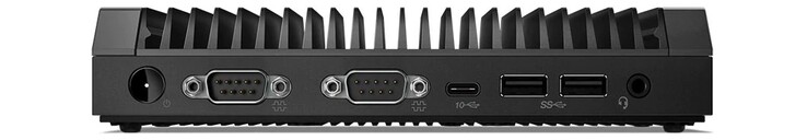 Vorderseite: Ein-Aus-Schalter, 2x serielle Schnittstelle, USB 3.1 Gen. 2 Typ-C, 2x USB 3.1 Gen. 2 Typ-A, Mikrofon-/Kopfhörer-Klinkenanschluss