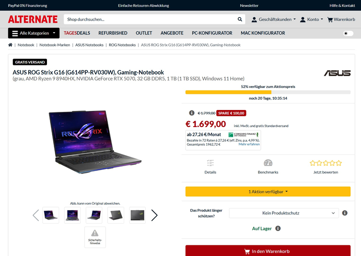 Asus ROG Strix G16 G614PP-RV030W für 1.699 Euro.