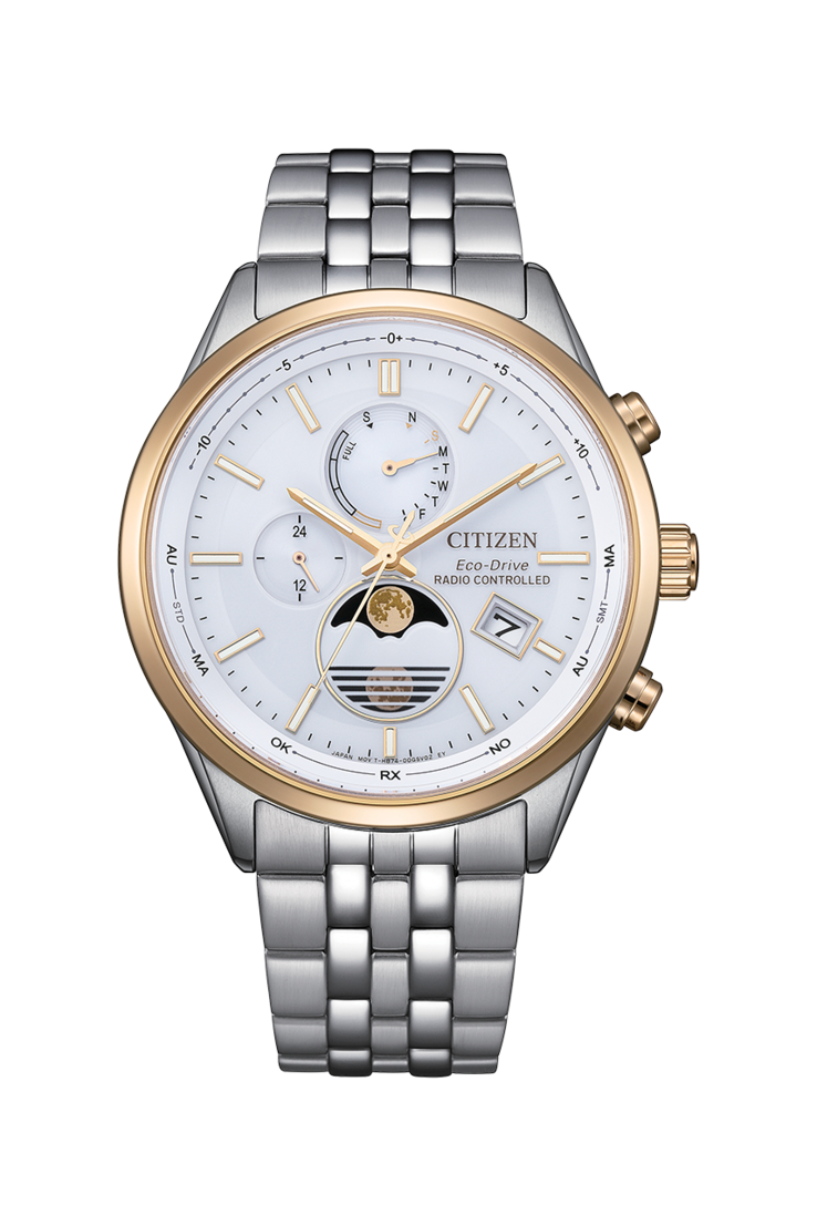 Citizen BY1034-59A Eco-Drive-Mondphasenuhr mit weißem Zifferblatt und zweifarbigem Edelstahlgehäuse sowie Edelstahlarmband