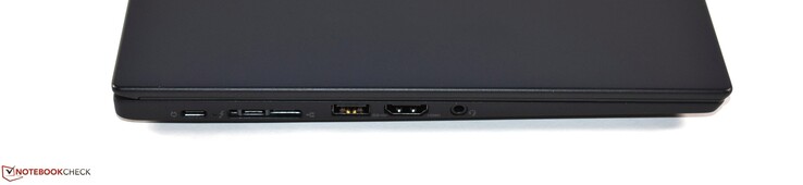 Linke Seite: 1x USB 3.1 Gen1 Typ-C (gleichzeitig Netzanschluss), 1x Thunderbolt 3, miniEthernet, 1x USB 3.0 Typ-A, HDMI 1.4b, kombinierter 3,5-mm-Klinkenanschluss