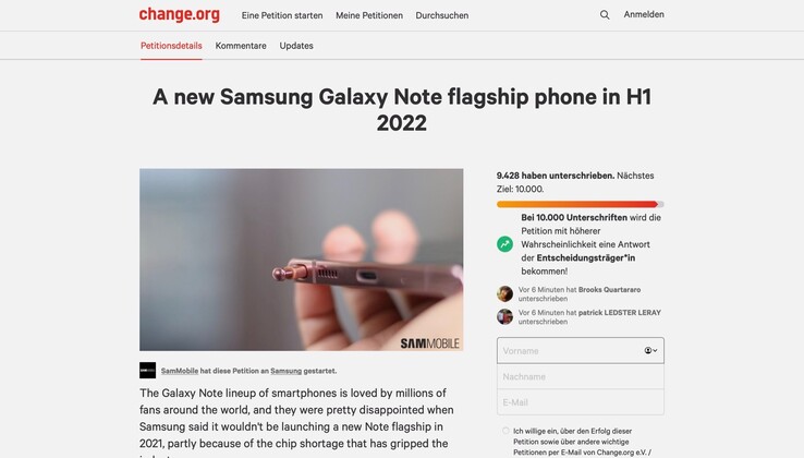 Diese Petition soll Samsung überzeugen, doch bald wieder ein neues Galaxy Note vorzustellen. (Screenshot: Change.org)
