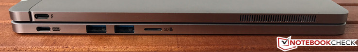 links: USB-C mit Thunderbolt 3, Lüftungsschlitze (Tablet), USB-C 3.1 mit Power Delivery, 2x USB-A 3.0, microSD (Tastatur)