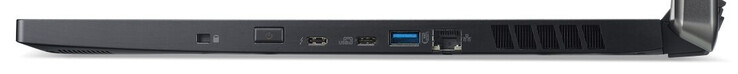 Rechte Seite: Steckplatz für ein Kabelschloss, Einschaltknopf, Thunderbolt 3, USB 3.2 Gen 1 (Typ C), USB 3.2 Gen 1 (Typ A), Gigabit-Ethernet