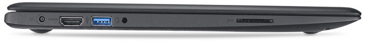 linke Seite: Netzanschluss, HDMI, USB 3.0 (Typ A), Audiokombo, Speicherkartenleser (SD)