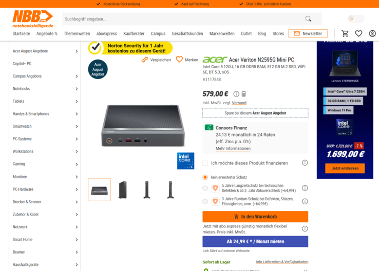 Acer Veriton 2595G (DT.R4ZEG.002) für 579 Euro.