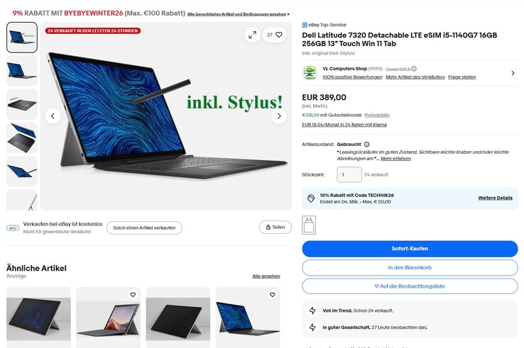 Das Dell Latitude 13 7320 (Refurbished) wäre dank eines Rabattcodes bereits für 318,59 Euro zu haben.