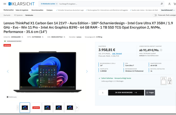Lenovo ThinkPad X1 Carbon G14 21V700DHGE für 3.958,81 Euro.