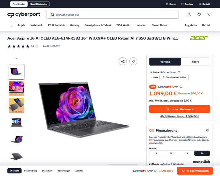 Acer Aspire 16 AI A16-61M-R4JE für 1.099 Euro.