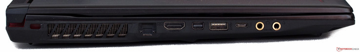 linke Seite: Kensington, Ethernet, HDMI, Mini-DisplayPort, USB-A 3.0, USB-C 3.1 Gen2, Kopfhörer, Mikro