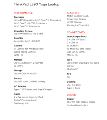 Lenovo ThinkPad L390 Yoga Spezifikationen