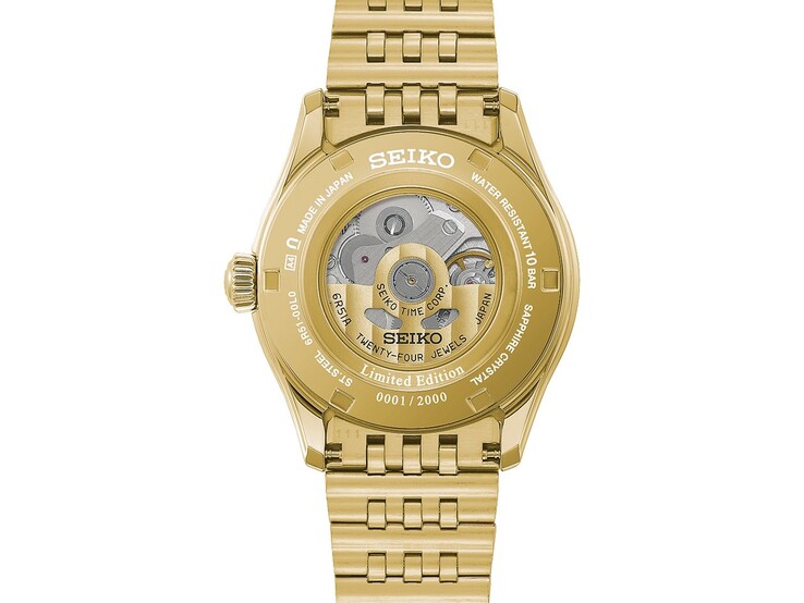 Der goldfarbene Gehäuseboden der Seiko Presage Classic x Tradman’s Bonsai mit sichtbarem Automatikwerk, dem Hinweis auf die limitierte Auflage und der individuellen Seriennummer