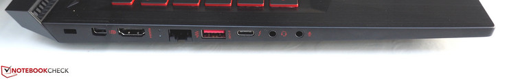 linke Seite: Kensington Lock, Mini-DisplayPort, HDMI, RJ45-LAN, USB 3.0, Thunderbolt 3, Kopfhörer, Mikrofon