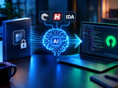Schreibtisch mit Laptop, AI knackt Software und reproduziert Code