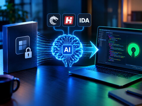 Schreibtisch mit Laptop, AI knackt Software und reproduziert Code