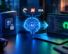 Schreibtisch mit Laptop, AI knackt Software und reproduziert Code