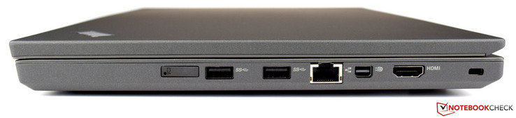 rechts: Slot für SIM-Card, 2x USB 3.0, RJ45-LAN, Mini DisplayPort, HDMI, Kensington Lock