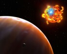 Illustration eines Sterns, eines Exoplaneten und eines natürlichen Satelliten