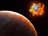 Illustration eines Sterns, eines Exoplaneten und eines natürlichen Satelliten