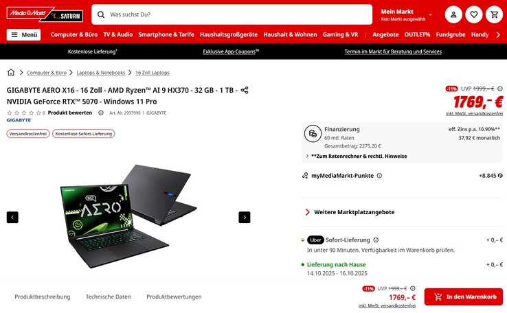 Gigabyte Aero X16 2WHA3DEC65AP im Angebot für 1.769 Euro.