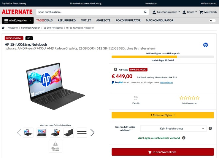 HP 15-fc0065ng (CA8S1EA) im Angebot für 449 Euro.