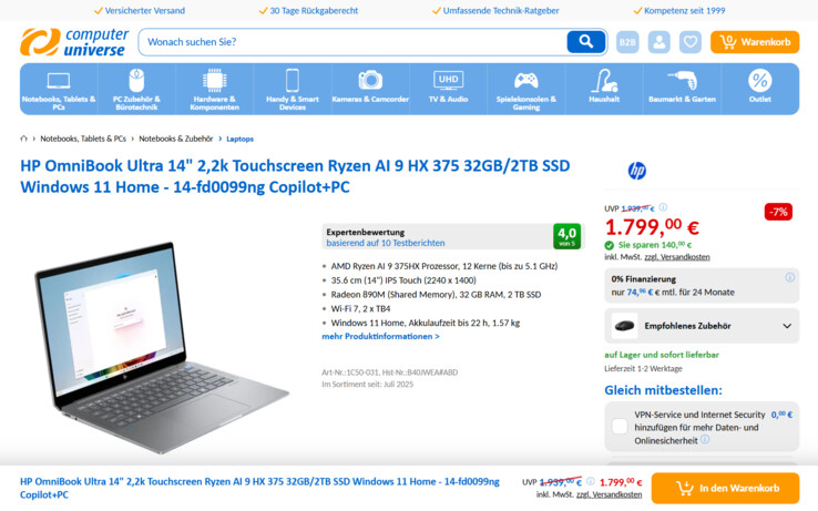 HP OmniBook Ultra 14-fd0099ng für 1.799 Euro.