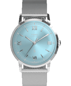 Die Timex x Todd Snyder Marlin Mesh-Uhr mit einem aquablauen Zifferblatt im Sunburst-Design und einem Milanaise-Armband.