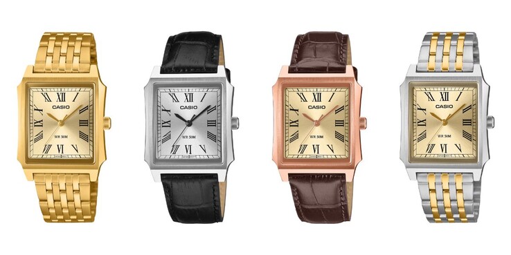 Von links nach rechts: die Uhren Casio MTP-B190G-9BV, MTP-B190L-7BV, MTP-B190RGL-9BV und MTP-B190SG-9BV.