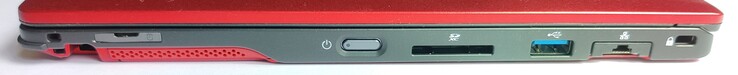 Rechte Seite: Stiftfach, SIM-Kartenslot, Poer-Knopf, SD-Kartenleser, 1x USB Typ-A 3.1 Gen1, GigabitLAN, Kensington-Lock