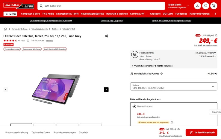 Lenovo Idea Tab Plus (ZAG70201SE) im Angebot für 249 Euro.