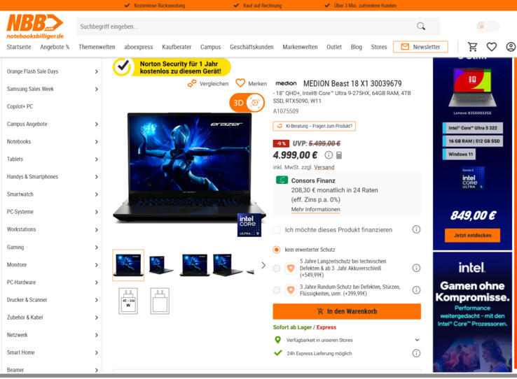 Medion Erazer Beast 18 X1 für 4.999 Euro.