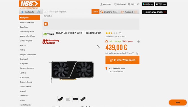 Die Nvidia GeForce RTX 3060 Ti kann aktuell zum Bestpreis bestellt werden. (Bild: Notebooksbilliger)
