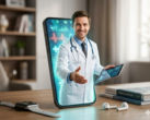 Dekoratives Bild: Ein Arzt, der aus einem Smartphone kommt.