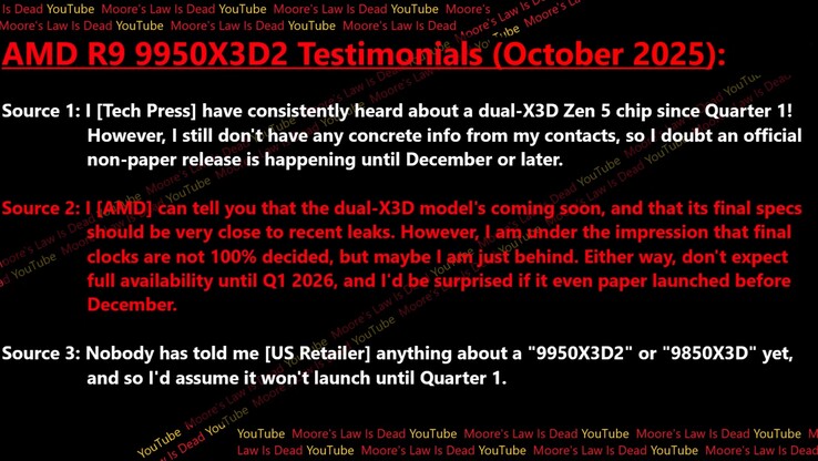 Das Release-Date des AMD Ryzen 9 9950X3D2 wurde geleakt. (Bildquelle: Moore's Law Is Dead)