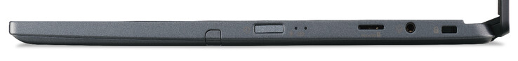 Rechte Seite: Einschaltknopf/Fingerabdruckleser, Speicherkartenleser (MicroSD), Audiokombo, Steckplatz für ein Kabelschloss